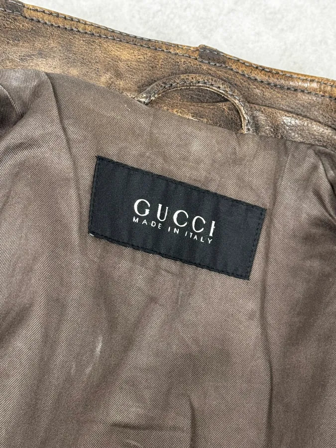 SS2011 Gucci Brown Eroded Leather Premium Jacket by Frida Giannini VnuMdfb 12