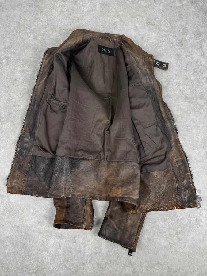 SS2011 Gucci Brown Eroded Leather Premium Jacket by Frida Giannini VnuMdfb 6