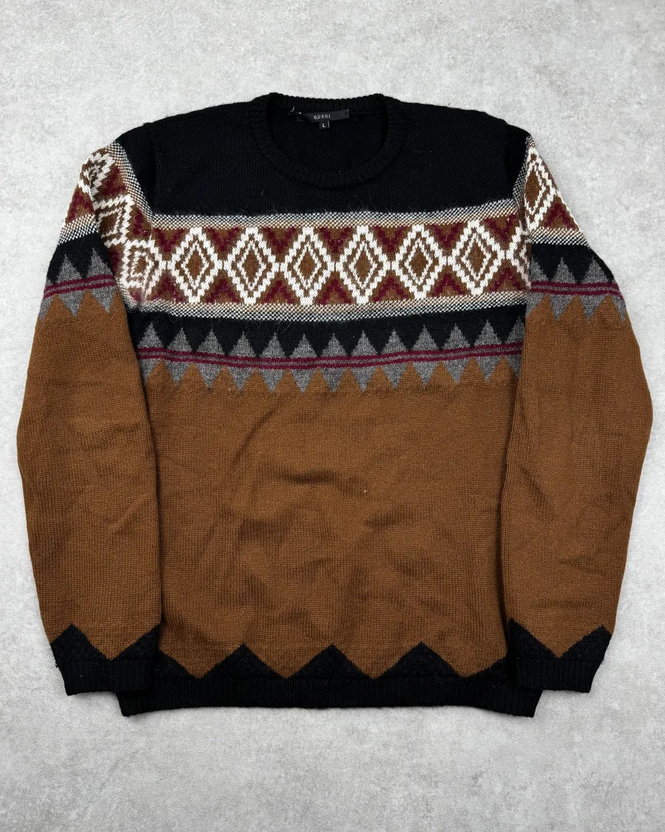 2010s Gucci Brown Wool Cashmere Fair Isle Sweater UxRyjGt 2