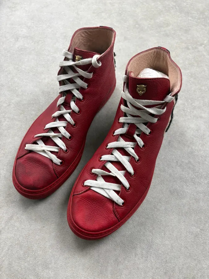 Gucci Burgundy Embroidered Tiger Leather High Sneakers QukGQUO 2