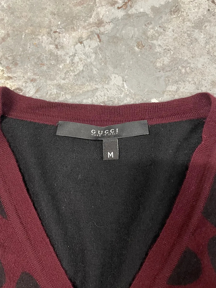 Gucci Cashmere V Animal Print Bordeaux & Black Sweater (S/M) 8