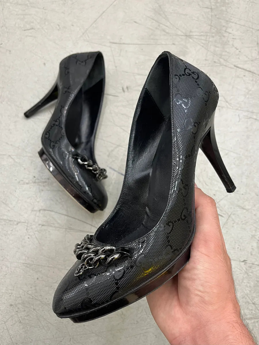 Gucci Chain Link Monogram Black Heels lyyjoNk 0