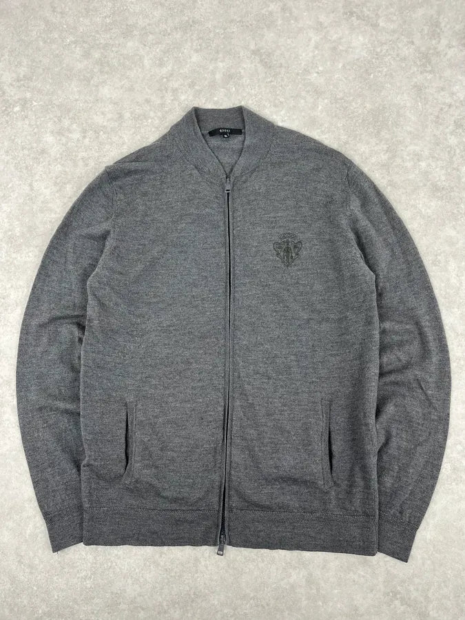 AW2010 Gucci Dark Grey Wool Embroidered Logo Zip-up Sweater JgbDNDp 0