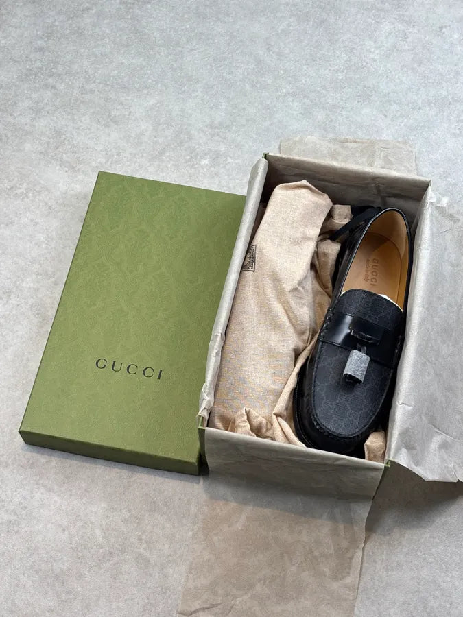 Gucci GG Supreme Tassel Leather Loafers Black PJVfHcj 12