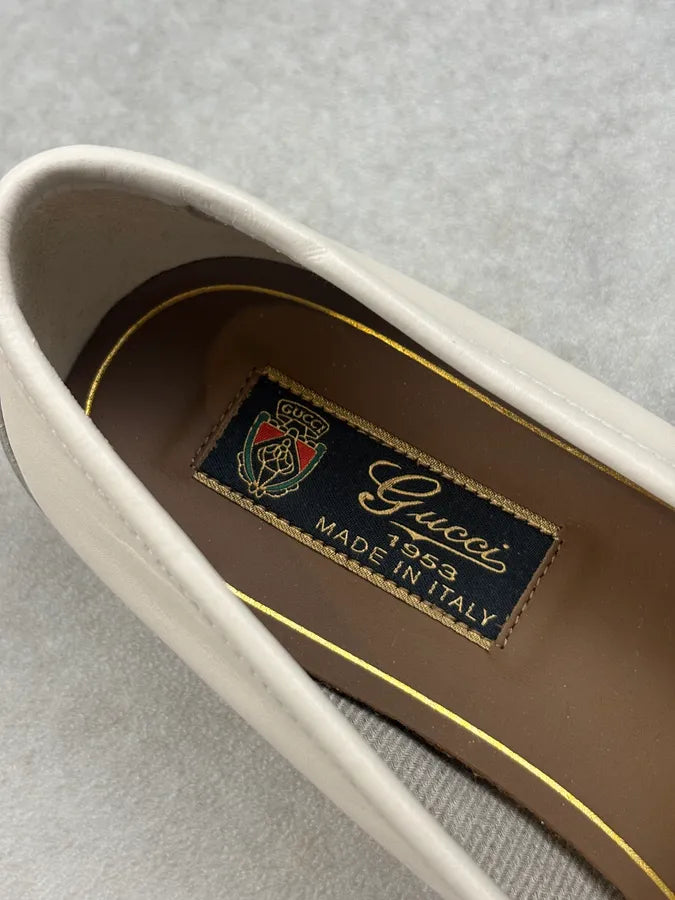 Gucci Golden Horsebit White Leather Loafers FeOywrk 6