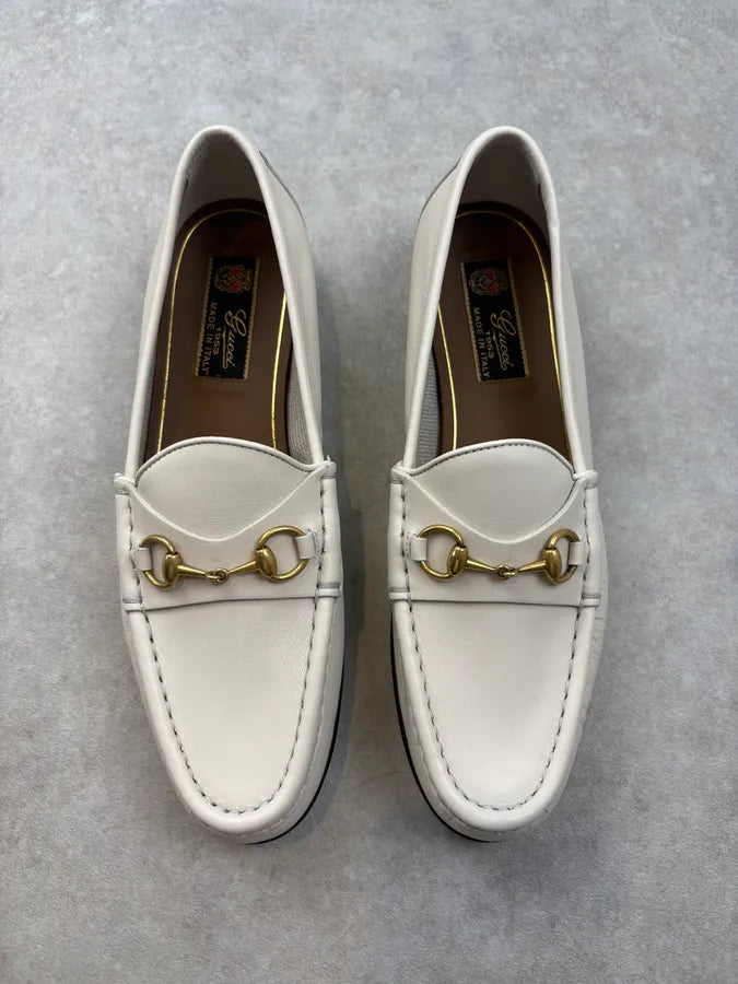 Gucci Golden Horsebit White Leather Loafers FeOywrk 1