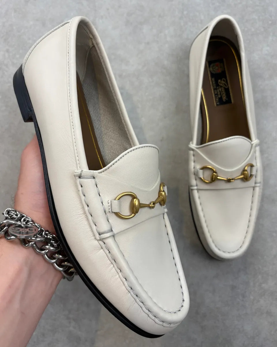 Gucci Golden Horsebit White Leather Loafers FeOywrk 0