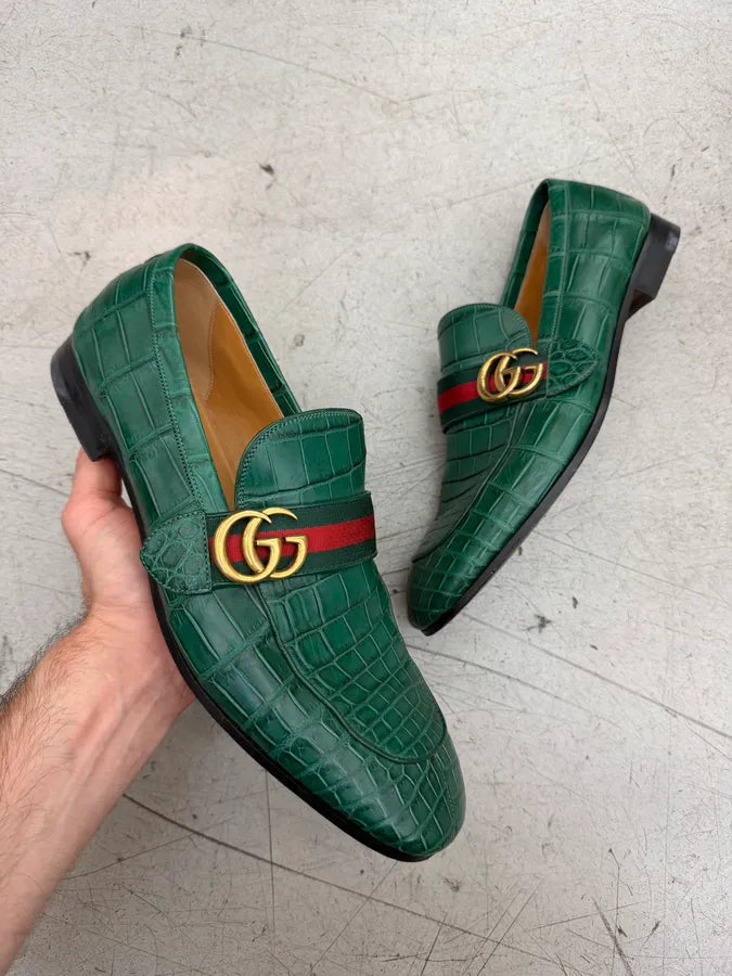 Gucci Green Signature Crocodile Leather Loafers ysGhRob 0
