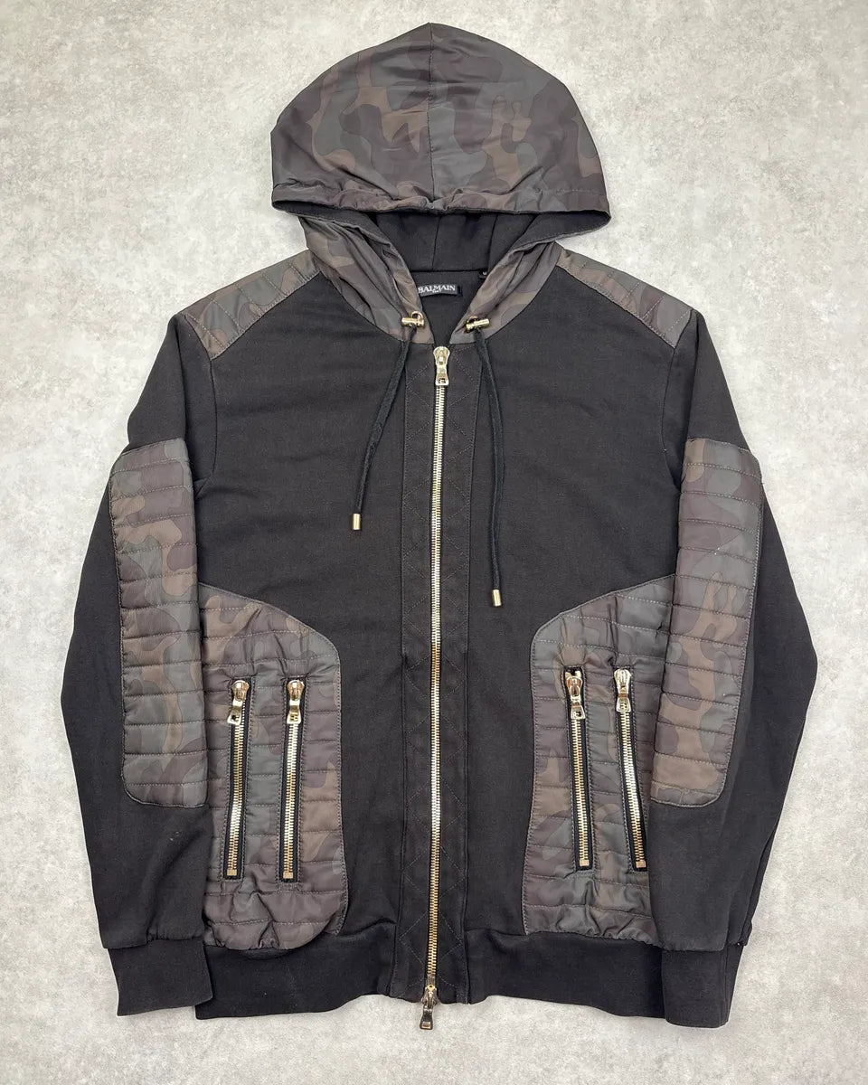 2010s Balmain Black Camo Quilted Biker Zip-up Hoodie waSHaBG 0