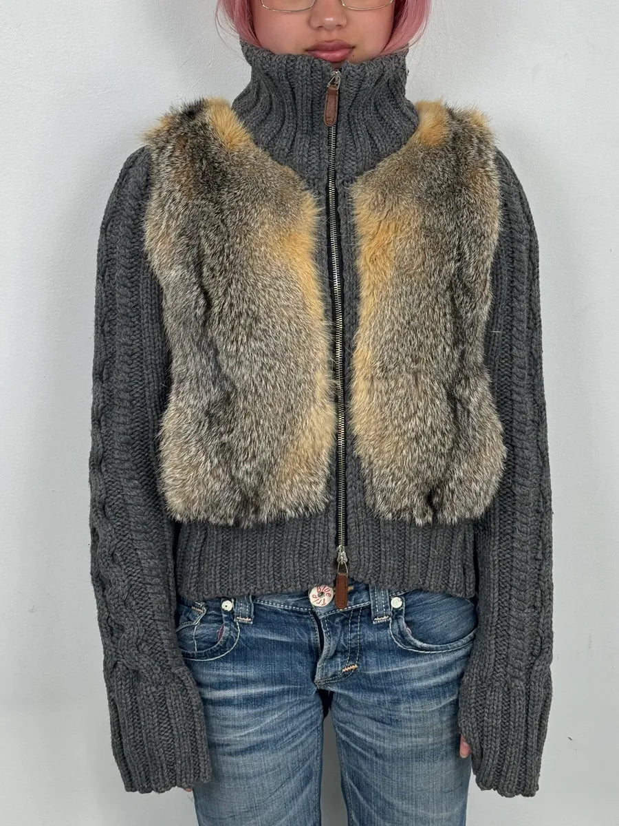 AW2007 Gucci Grey Wool & Fox Fur Zip-Up Sweater by Frida Giannini uUBFiPq 1