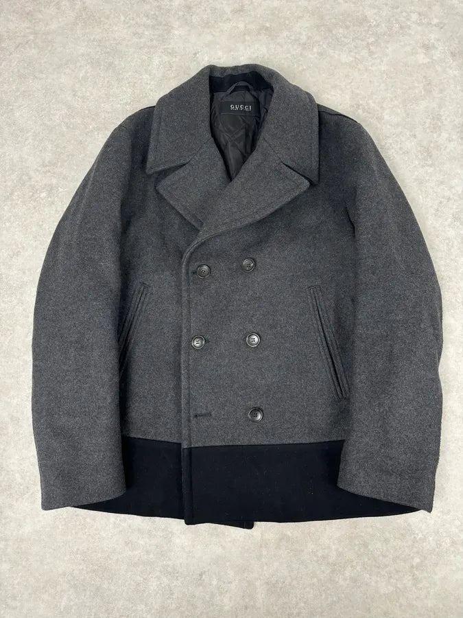 2010s Gucci Grey Wool Double-Breasted Contrast Hem Jacket TVDfaMW 0