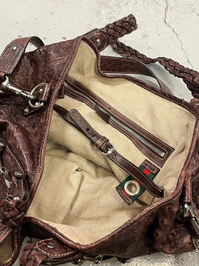 Gucci Hobo Ostrich Embossed Brown Bordeaux Leather Bag ZMSWIJj 14