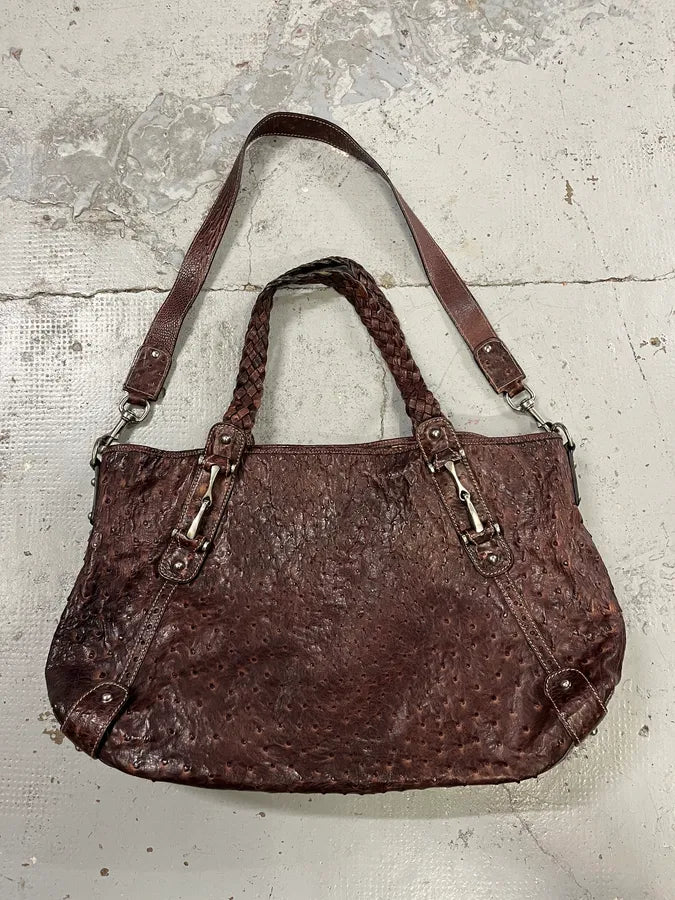 Gucci Hobo Ostrich Embossed Brown Bordeaux Leather Bag ZMSWIJj 8