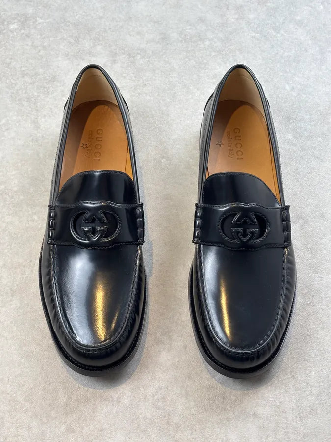 Gucci Interlocking GG Black Leather Loafers  qxMfUYW 3