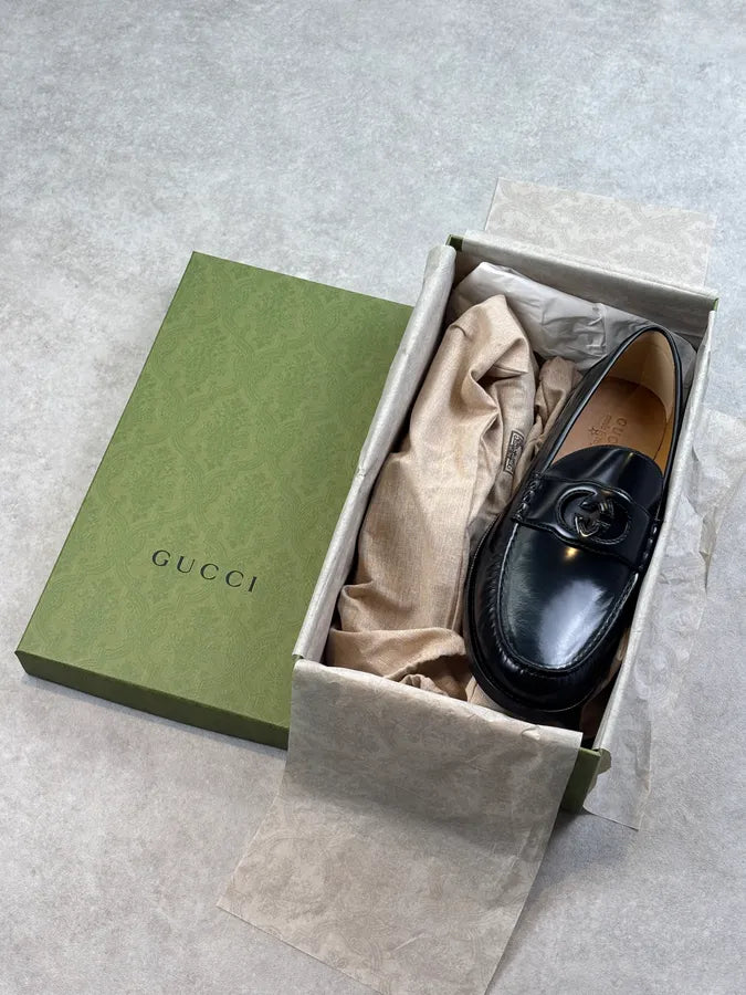 Gucci Interlocking GG Black Leather Loafers  qxMfUYW 12