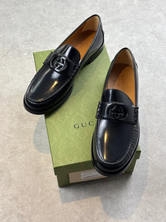Gucci Interlocking GG Black Leather Loafers  qxMfUYW 0