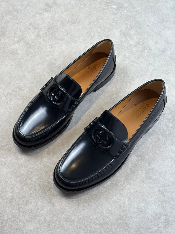 Gucci Interlocking GG Black Leather Loafers  qxMfUYW 4