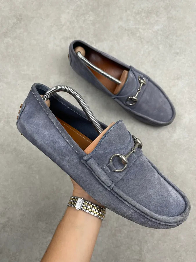 Gucci Light Blue Suede Horsebit Loafer Shoes mamjiuz 0