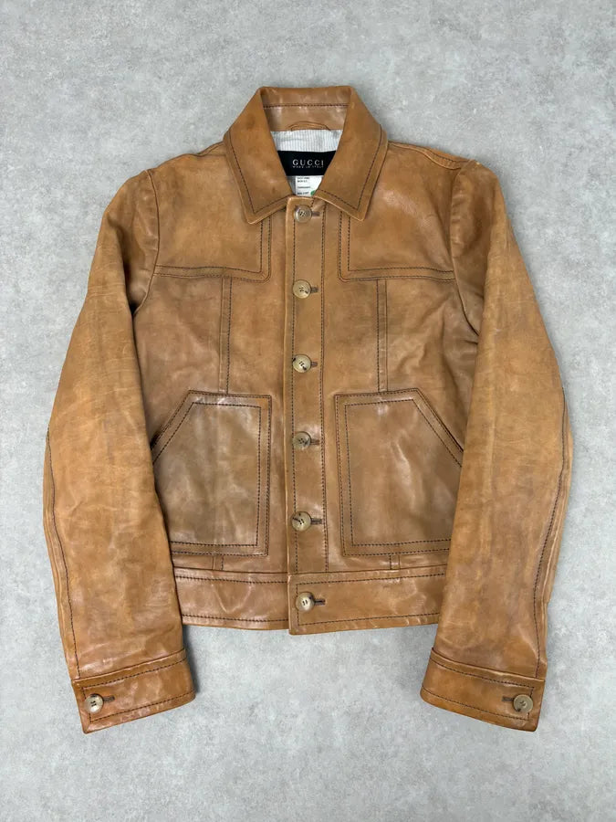 2000s Gucci Light Brown Leather Cargo Jacket igVZEIx 0