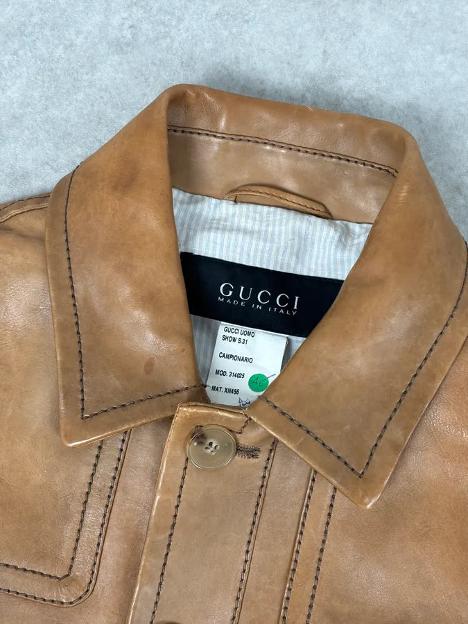 2000s Gucci Light Brown Leather Cargo Jacket igVZEIx 6