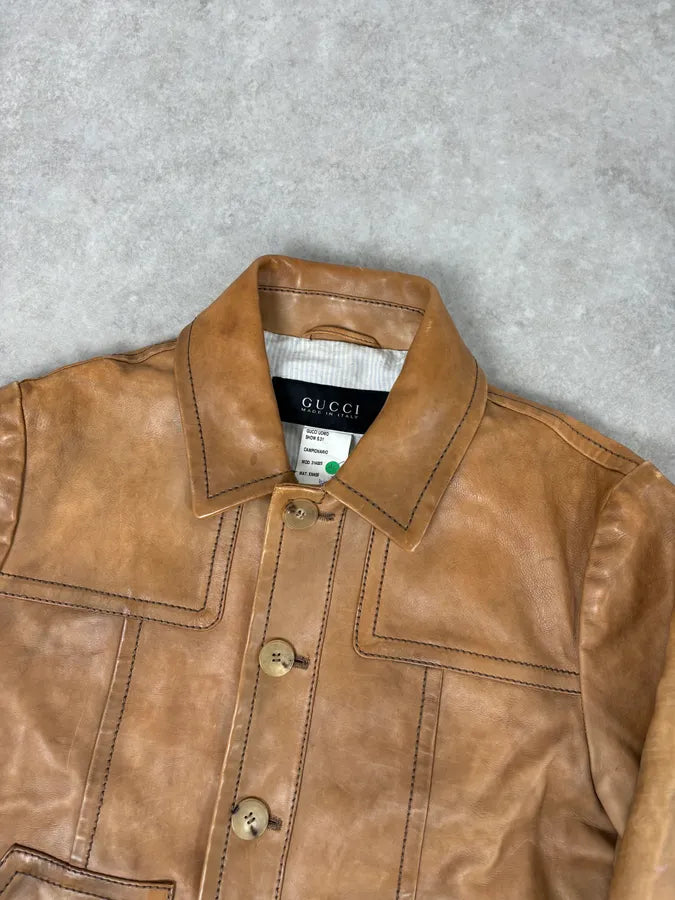 2000s Gucci Light Brown Leather Cargo Jacket igVZEIx 3