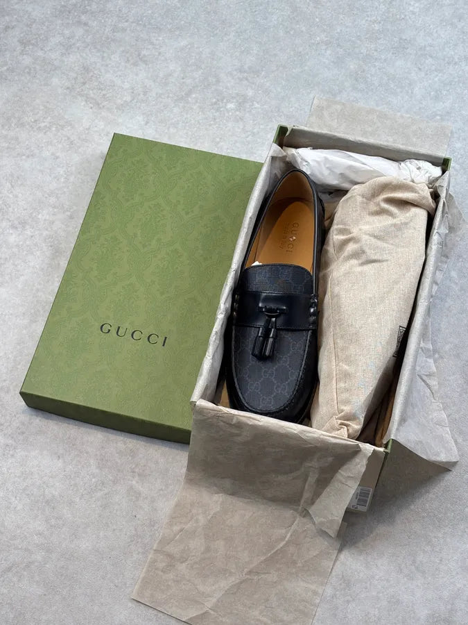 Gucci Millennial Ribot GG Supreme Tassel Loafers Black llVLfRI 12