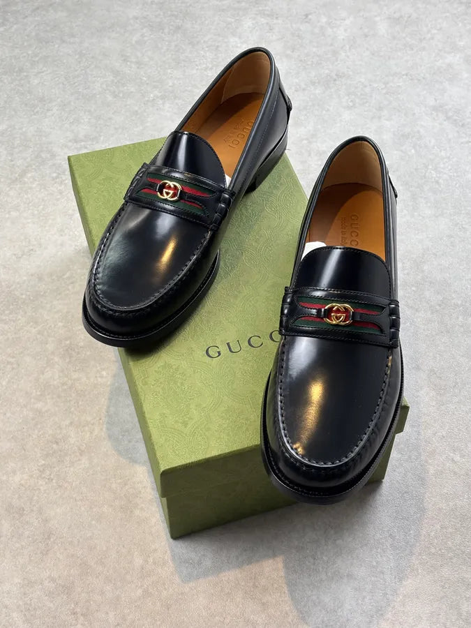 Gucci Millennial Ribot Web GG Black Leather Loafers RETUurL 0