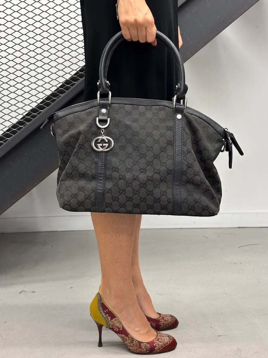 2000s Gucci Monogram Black Leather Handle Bag LQzxfta 1