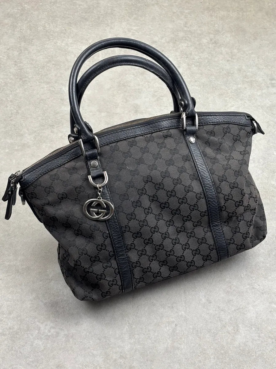 2000s Gucci Monogram Black Leather Handle Bag LQzxfta 0