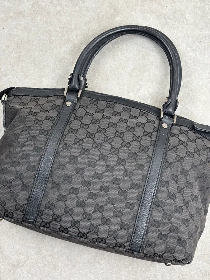 2000s Gucci Monogram Black Leather Handle Bag LQzxfta 10