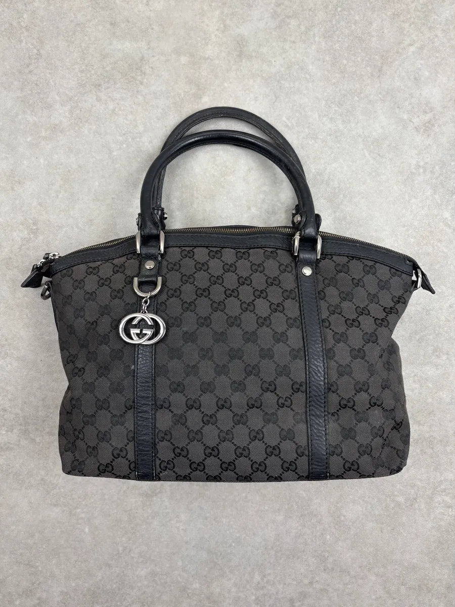 2000s Gucci Monogram Black Leather Handle Bag LQzxfta 3