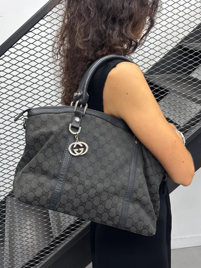 2000s Gucci Monogram Black Leather Handle Bag LQzxfta 2