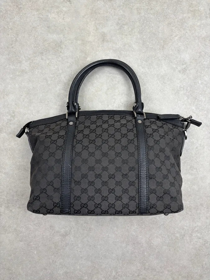 2000s Gucci Monogram Black Leather Handle Bag LQzxfta 12