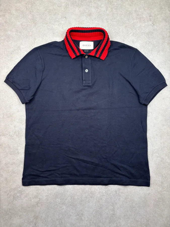 SS2017 Gucci Navy Striped Collar Polo Shirt UrTBpdB 0