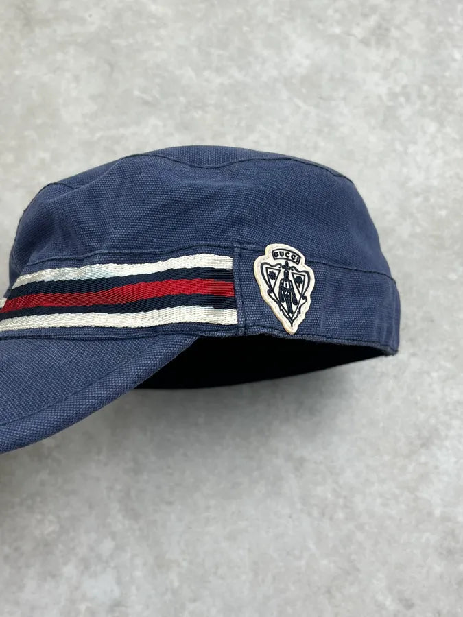 2000s Gucci Navy Cotton Striped Logo Cap ukQRPeB 5