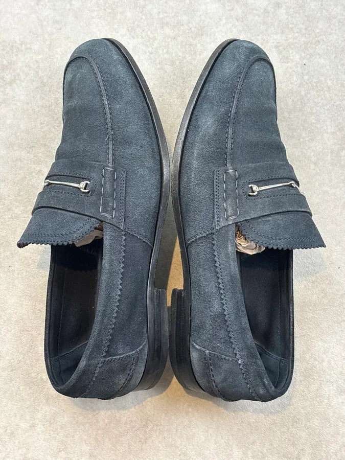 Gucci Navy Blue Suede Horsebit Loafers wmCFqQw 4