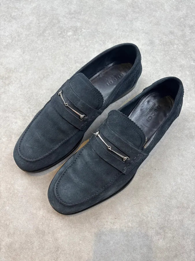 Gucci Navy Blue Suede Horsebit Loafers wmCFqQw 2