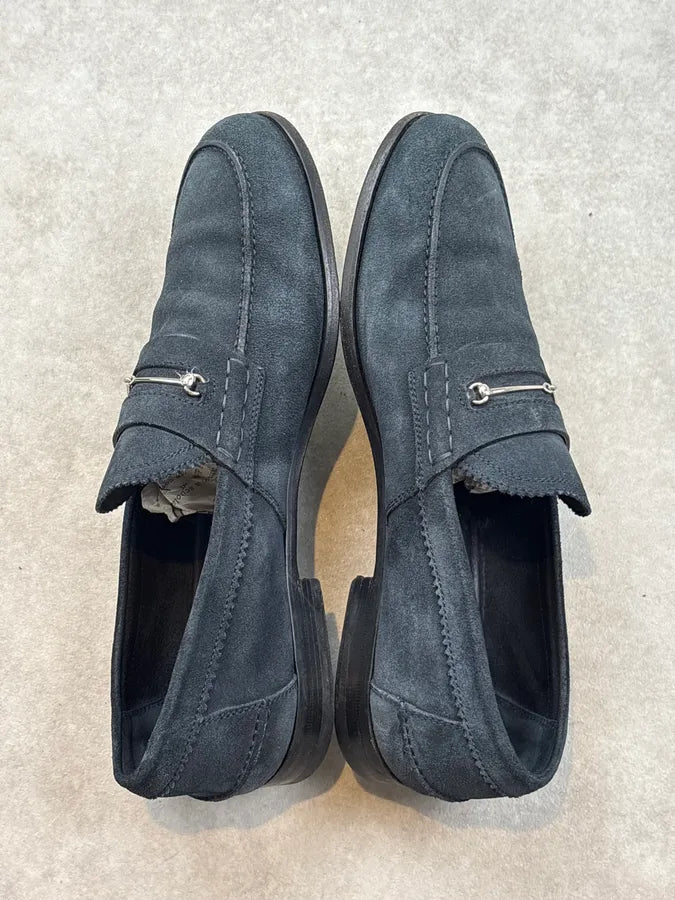 Gucci Navy Blue Suede Horsebit Loafers wmCFqQw 3