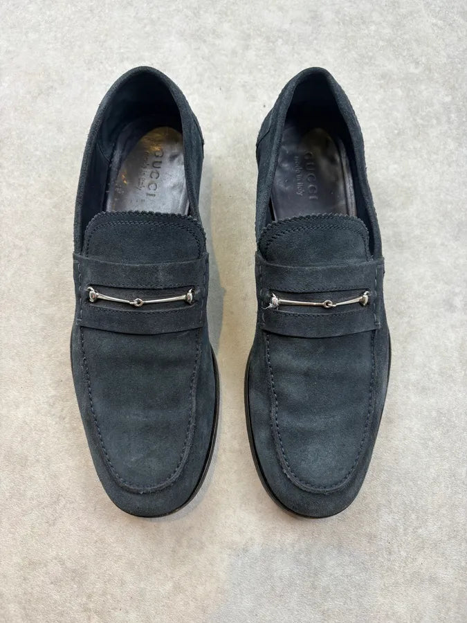 Gucci Navy Blue Suede Horsebit Loafers wmCFqQw 1