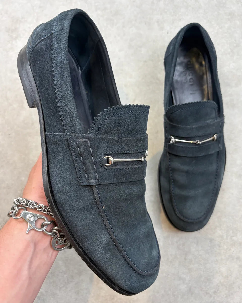 Gucci Navy Blue Suede Horsebit Loafers wmCFqQw 0