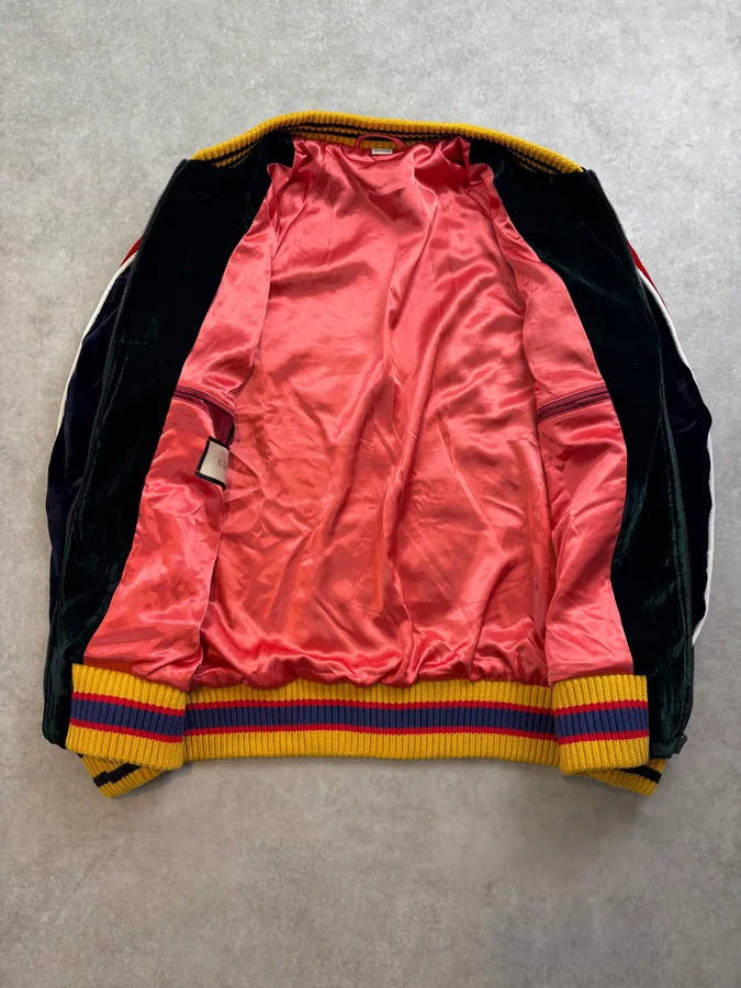 AW2017 Gucci Navy Velvet Embroidered Cobra Floral Bomber Jacket RoWahdN 6