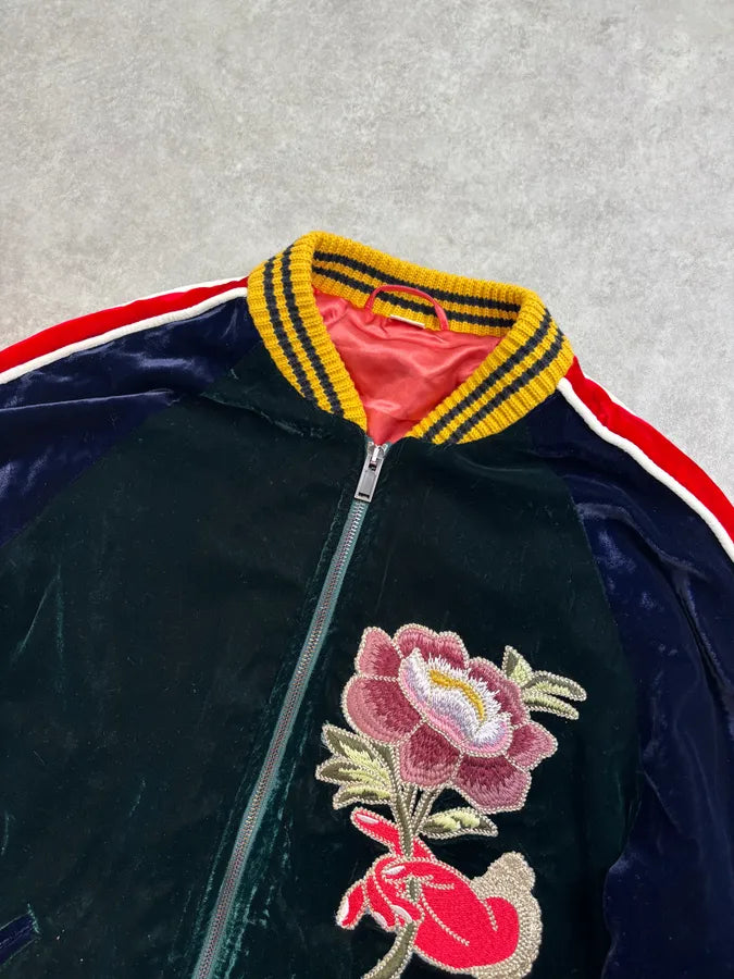 AW2017 Gucci Navy Velvet Embroidered Cobra Floral Bomber Jacket RoWahdN 4