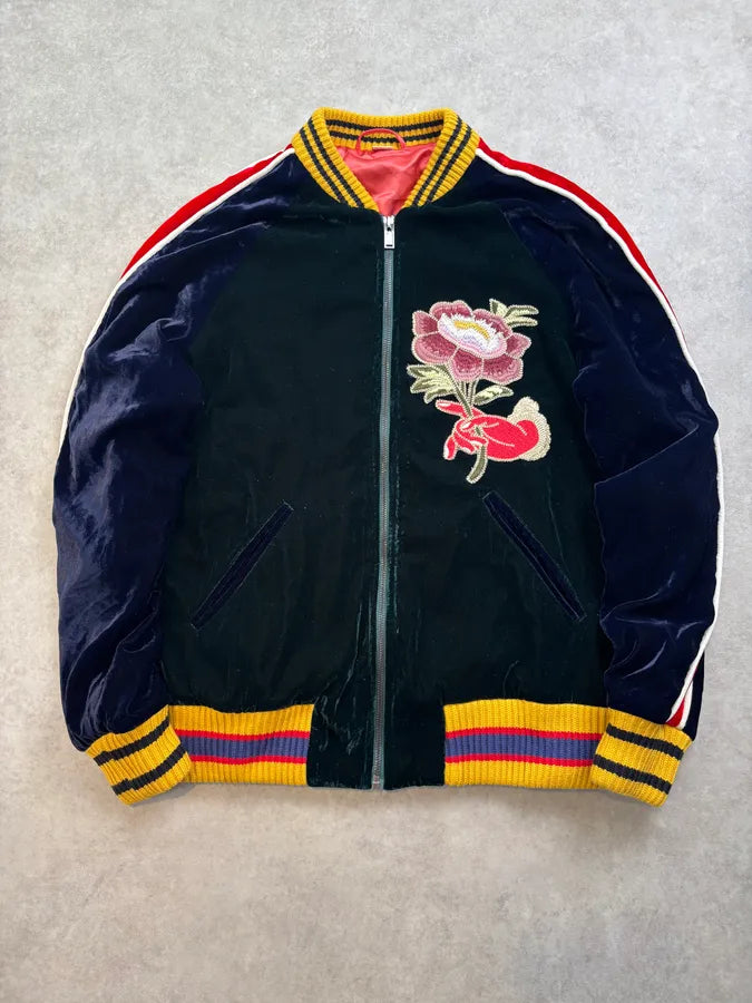 AW2017 Gucci Navy Velvet Embroidered Cobra Floral Bomber Jacket RoWahdN 0