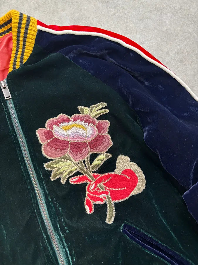 AW2017 Gucci Navy Velvet Embroidered Cobra Floral Bomber Jacket RoWahdN 7