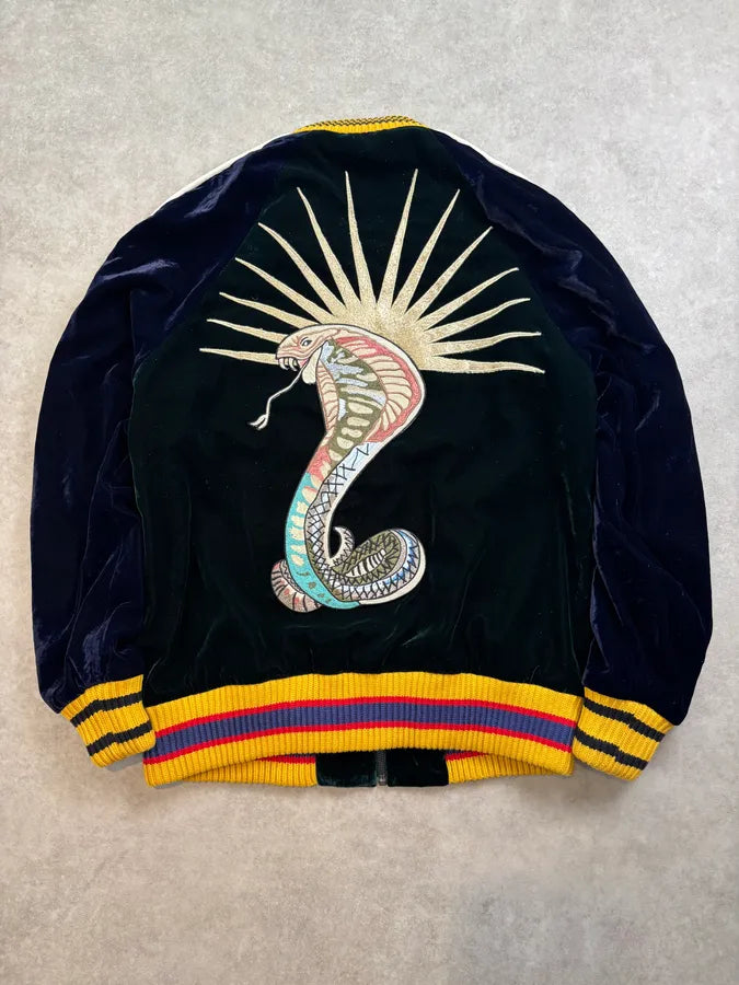 AW2017 Gucci Navy Velvet Embroidered Cobra Floral Bomber Jacket RoWahdN 1