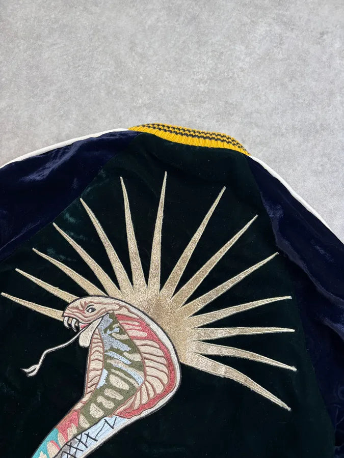 AW2017 Gucci Navy Velvet Embroidered Cobra Floral Bomber Jacket RoWahdN 5