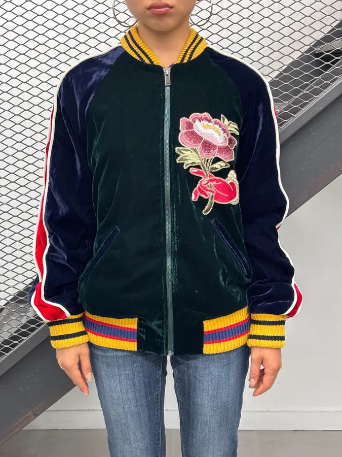 AW2017 Gucci Navy Velvet Embroidered Cobra Floral Bomber Jacket RoWahdN 2