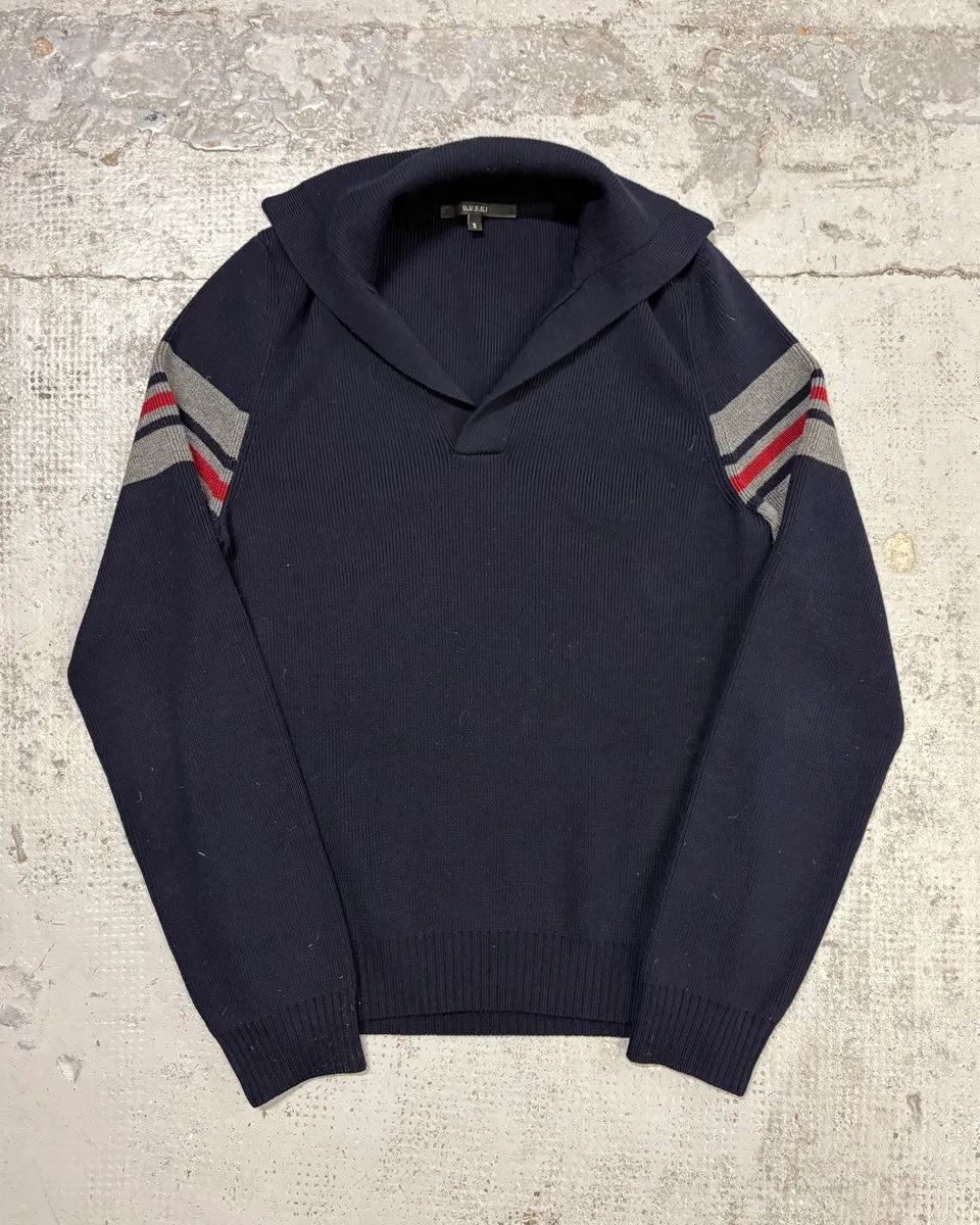 Gucci Navy Wool Striped Sleeve Polo Sweater YuCwwhm 0