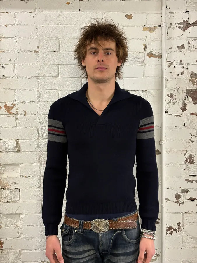 Gucci Navy Wool Striped Sleeve Polo Sweater YuCwwhm 1