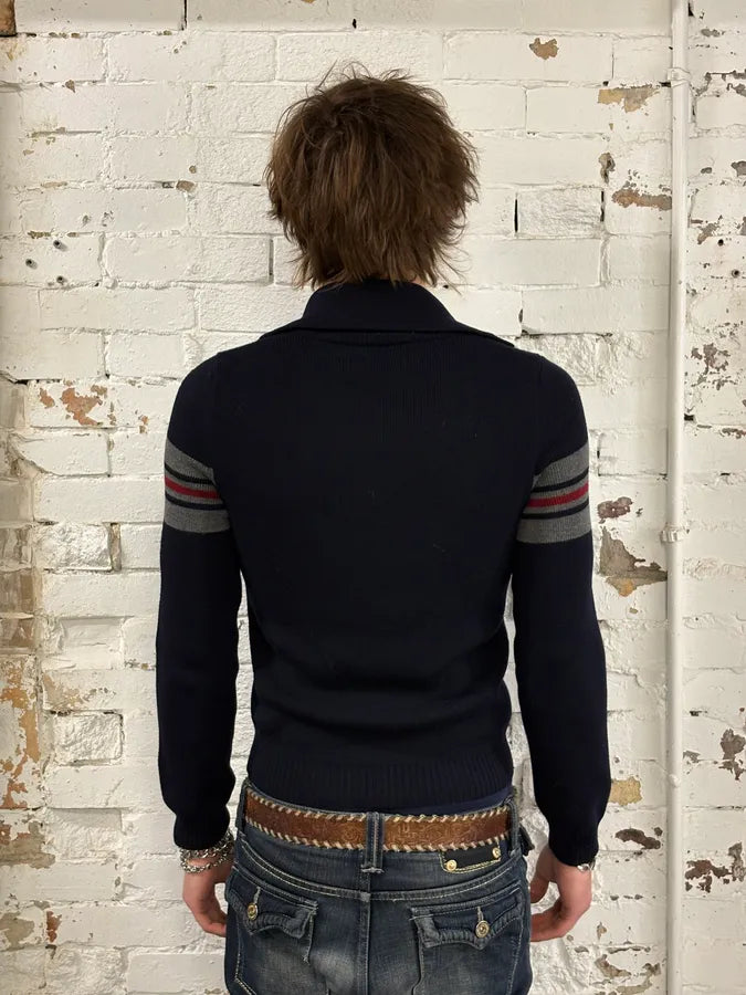 Gucci Navy Wool Striped Sleeve Polo Sweater YuCwwhm 2